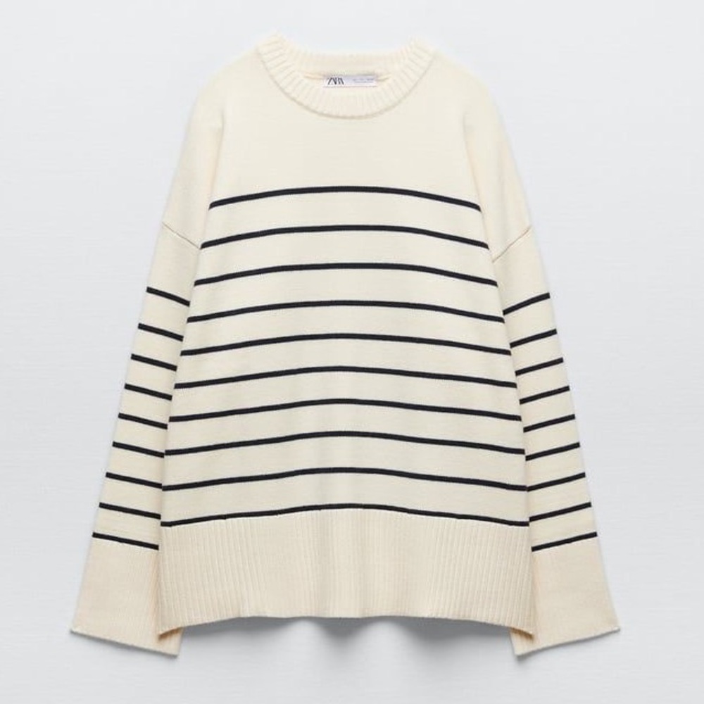 Zara Cream and Black Striped Crewneck Sweater